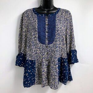 Anthropologie Maeve Women's Hiver Blue 3/4 Sleeve Boho Peasant Blouse Size 12